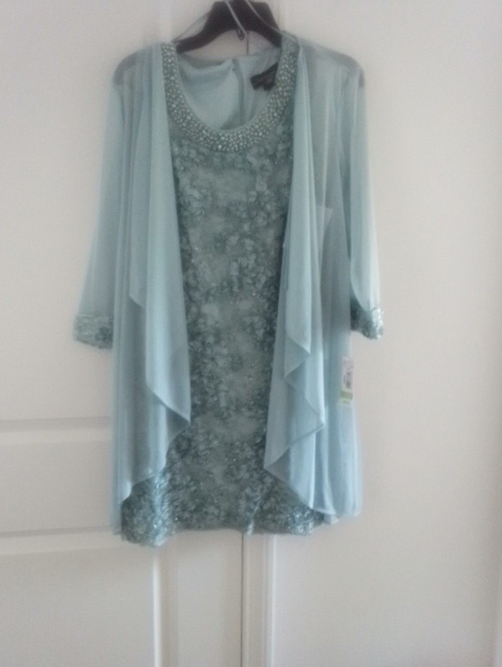 R&M Richards Pale Blue/Green Lace-Trim Evening Dress with Sheer Jacket